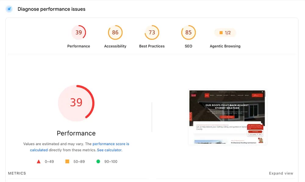 WordPress vs. Next.js PageSpeed Insights comparison — before